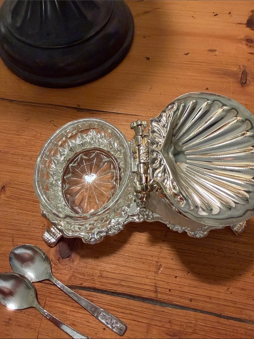 Vintage HUGO Silver-plate Double Condiment Server with Shell Lids and Spoons